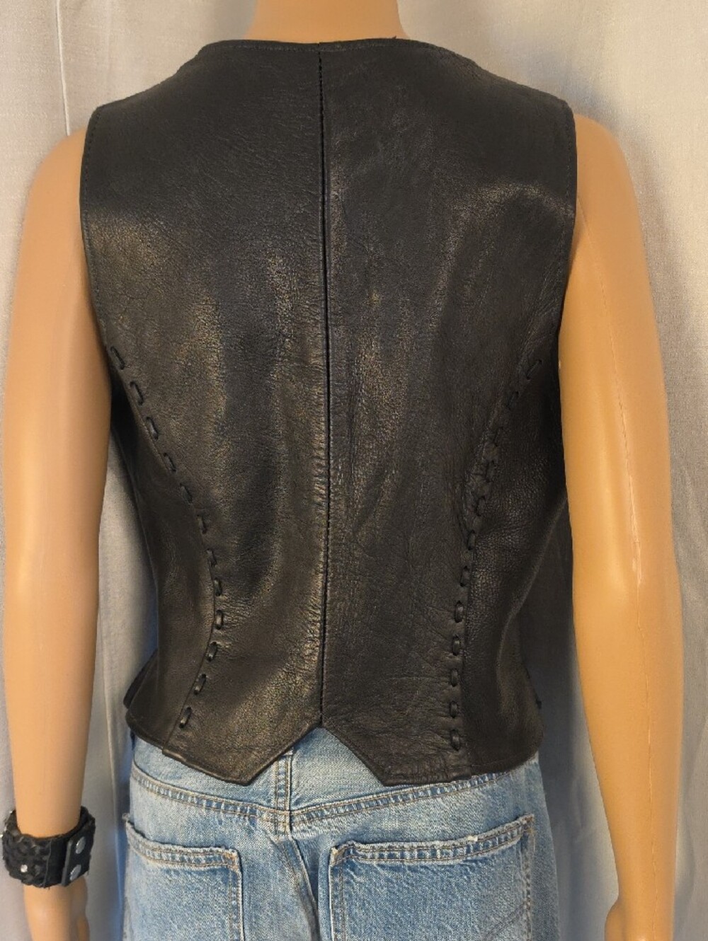 Rose Leather Works Sleeveless Black Leather Snap Button Vest With Lace Detailing - Picture 6 of 10
